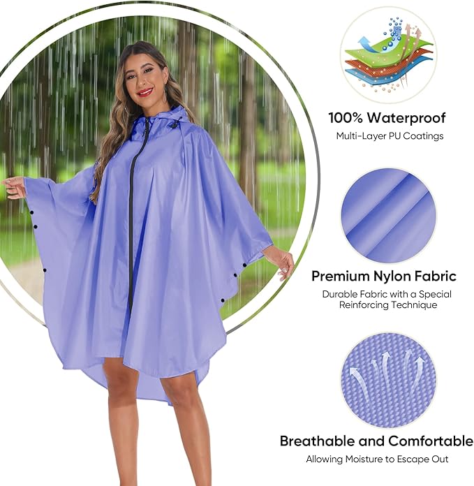 PTEROMY Hooded Rain Poncho for Adult with Pocket and Zipper, Waterproof Lightweight Raincoat for Men and Women