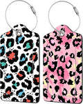 2 Pack Leopard Pattern Luggage Tags for Suitcases,Abstract Leopard Skin Leather Baggage Suitcases Tag Name ID Label Privacy Cover Travel Bag Tags for Women Men Boys Girls