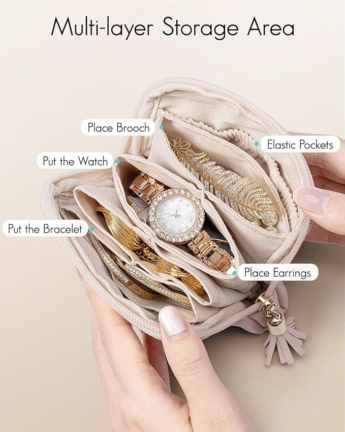 Vlando Small Travel Jewelry Organizer,Jewelry Pouch Bags,Velvet Jewelry Storage Bag for Bracelet Rings Earring,Portable Jewelry Travel Case for Traveler-Apricot Pink