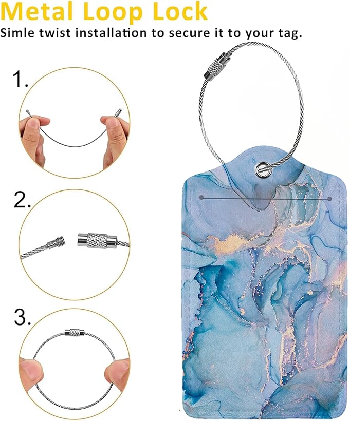 Blue Gold Marble 2 Pack Luggage Tag for Suitcase, Cute Unique Leather Bag Tags Identifiers Privacy Cover ID Label with Steel Loop for Women Men Kids Girls Travel