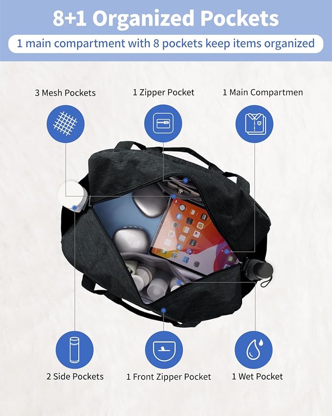 Narwey Carry on Bag 22x14x9 Airlines Approved, Carry on Duffle Bag for Airplane with Wet Pocket, Travel Duffel Bag Luggage Bag Weekender Overnight for Women Men (Black)