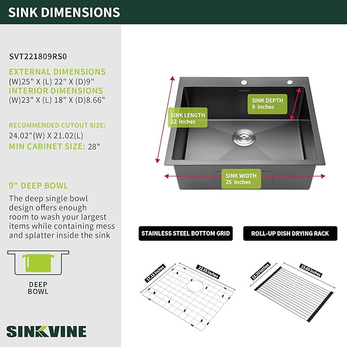 Black Drop-In Kitchen Sink 25 x 22 inch, SINKVINE PVD Nano Stainless Steel Sink for Laundry Outdoor, with Top Mount Large Deep Single Bowl, Drain Strainer, Bottom Grid, Roll-up Drying Unit, Dark Gray