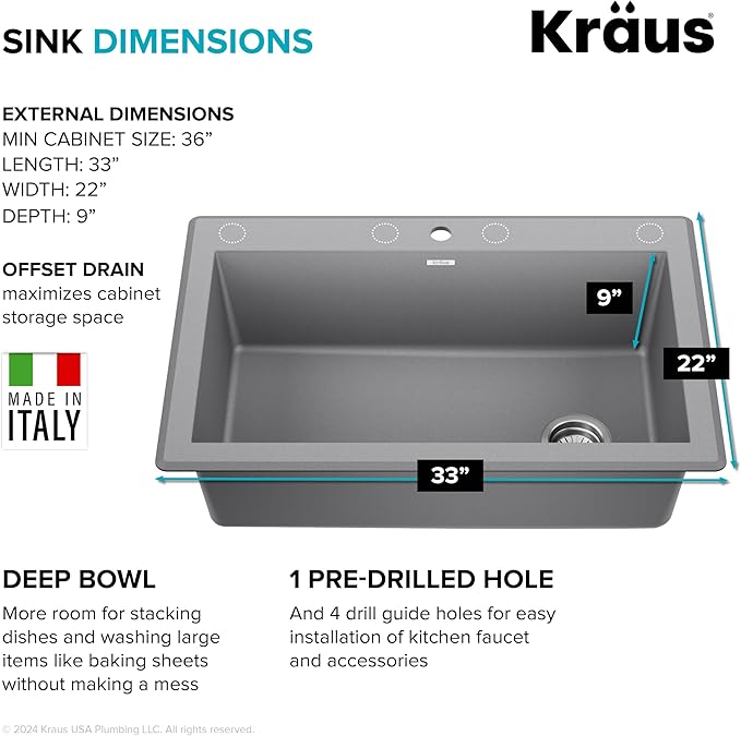 KRAUS Forteza 33-inch Drop In/Undermount Single Bowl Granite Kitchen Sink in Grey, KGD-54GREY