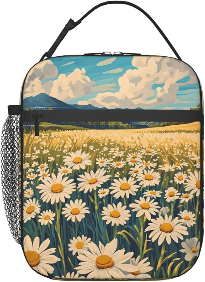 Daisy Flower Lunch Box for Kids Aldults, Nature Floral Reusable Thermal Insulation Cooler Tote Bags, Meadow Wildflower Field Insulated Bag for Student, School Picnic Camping Travel, Gifts