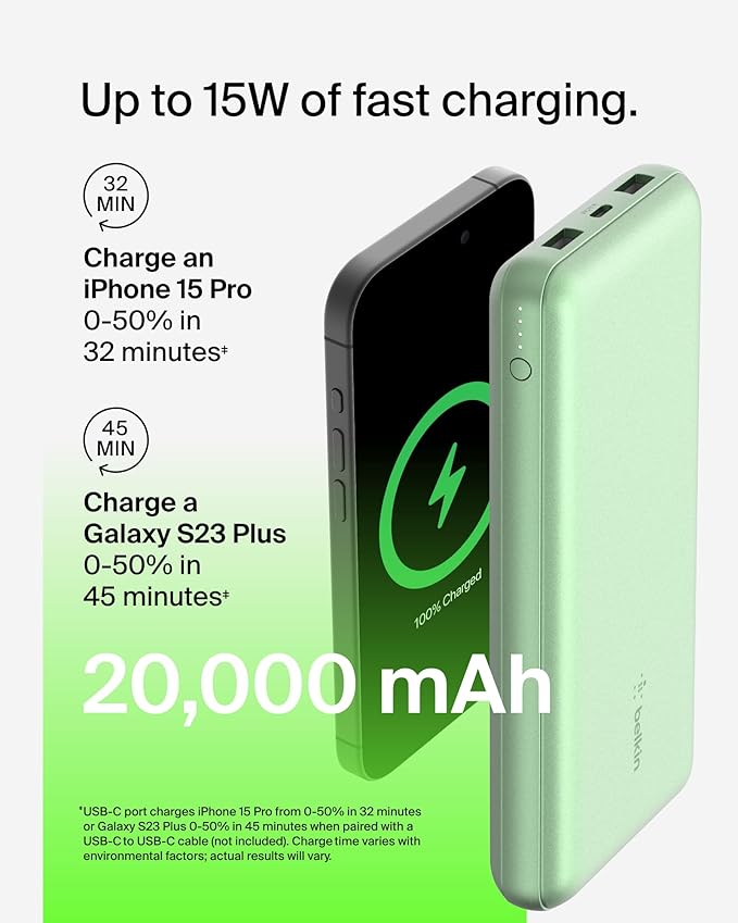 Belkin Portable Charger, USB-C Power Bank 20000 mAh w/ 2X USB-A Ports, 15W w/Type-A to Type-C Cable for iPhone 16, 15, Samsung Galaxy S25, iPad, Nintendo Switch 2, Google Pixel 10, etc. - Green