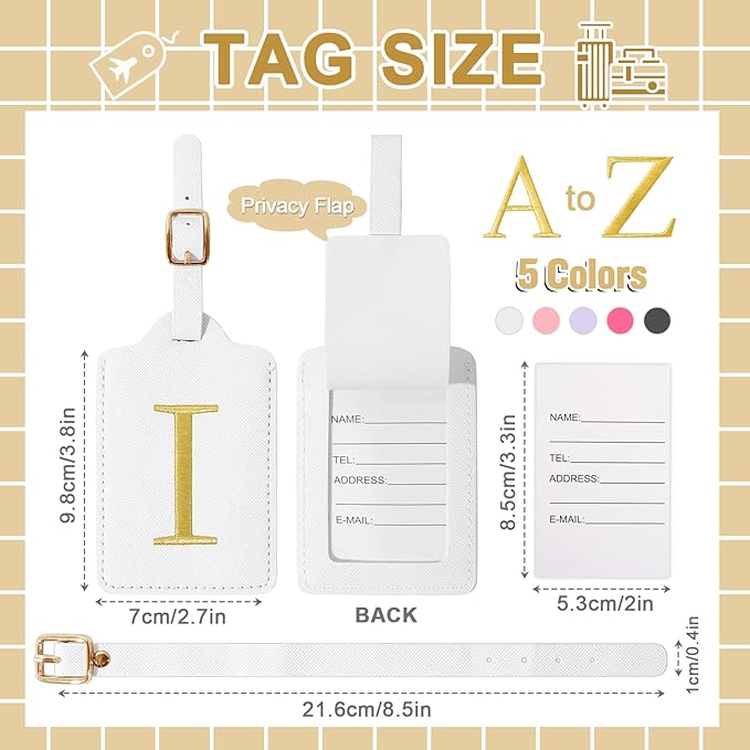 Personalized Initial Luggage Tags for Suitcase TSA Approved, White Leather Cute Luggage Tag with Privacy Cover Name Card, Embroidered Custom Luggage Tags Travel Baggage Tags Gifts for Women Kids(I)