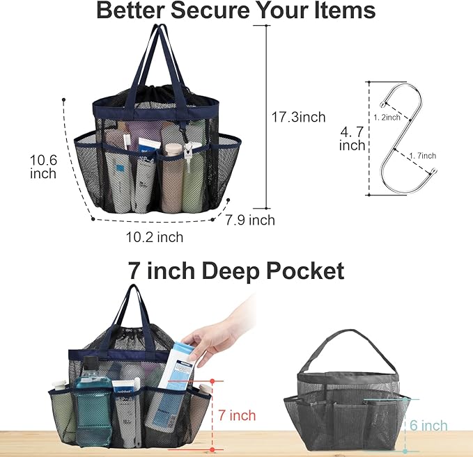 F-color Mesh Shower Caddy Portable with Drawstring - Deeper 7 Pockets Dorm Room Essentials for Guys Girls with S Hook, Shower Bag Tote for College Camping Toiletry Bathroom, Black with Dark Blue