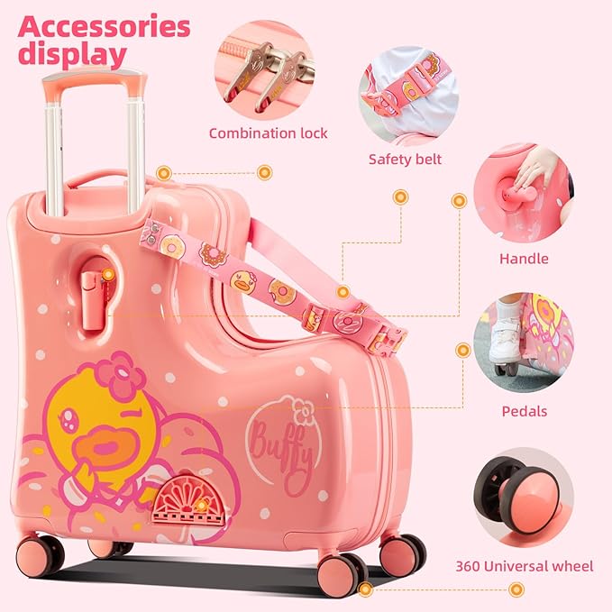 Kids' Lightweight Ride on Luggage with Spinner Wheels & Foldabe Design (Pink Donut, 20"+ Aged 1-3 Toddler)