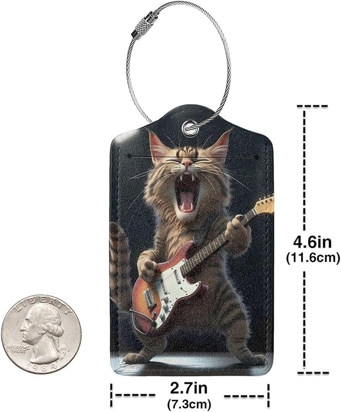 2 Pack Luggage Tags for suitcases Guitar Funny Cute cat Luggage Tag, Leather Stainless Steel Loop Label Tag for Men Women Travel Bag Suitcase(Guitar cat)