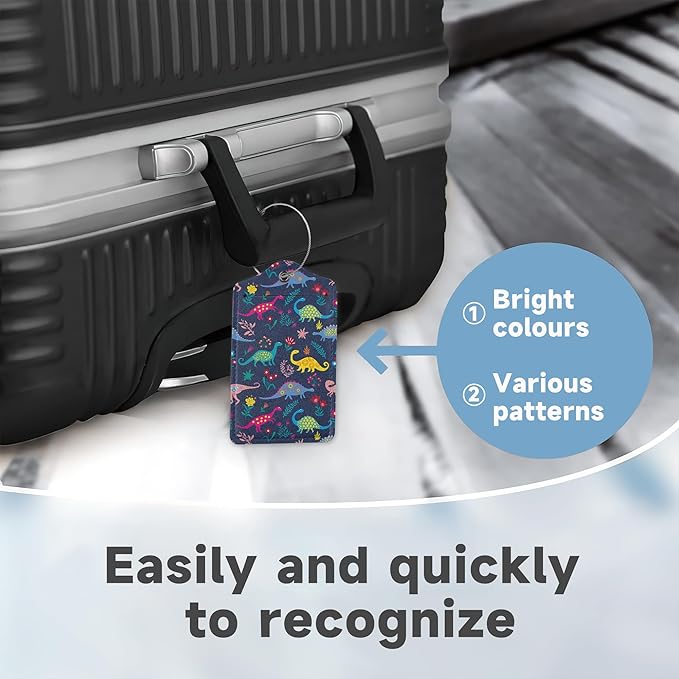 Set of 2 Luggage Tags for Suitcases, Leather Cute Cartoon Dinosaur Baggage Tags with Stainless Steel Loop, Privacy Name ID Card Cover Kawaii Travel Labels for Women Men Kids Girls
