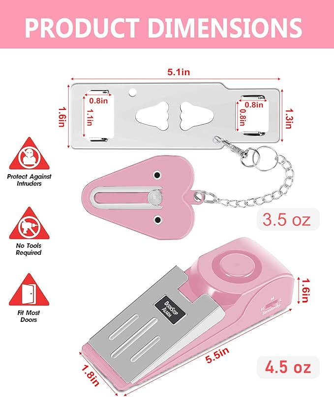 MBBEST Hotel Door Lock & Door Stop Alarm,Dual Protection Security Devices Pocket Door Stopper Self Defensey Tools for Hotel Travel Home Apartment House, Pink/Pink