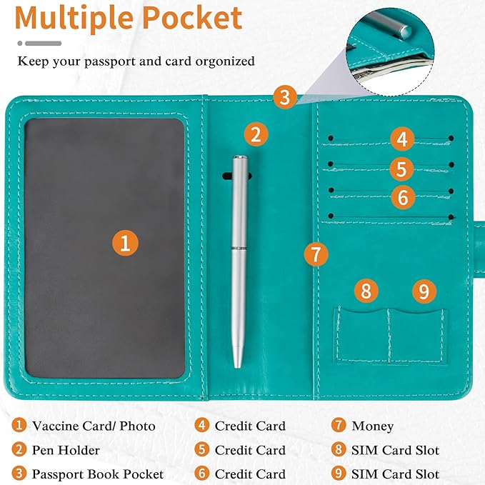 TIGARI Passport Holder for Travel Women Men, PU Leather Waterproof RFID Passport Holder Wallet Cover Case Sleeve, Family Vacation Plane Cruise Travel Document Organizer Essentials-Teal