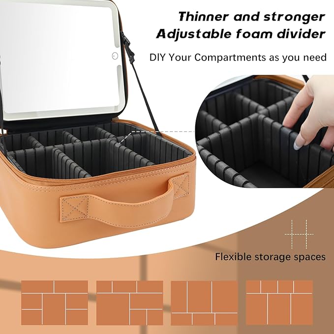 Makeup Bag with Led Mirror,Travel Makeup Organizer with 3 Color Setting, Portable Storage and Adjustable Dividers Travel Makeup Bag(CARAMEL COLOR)