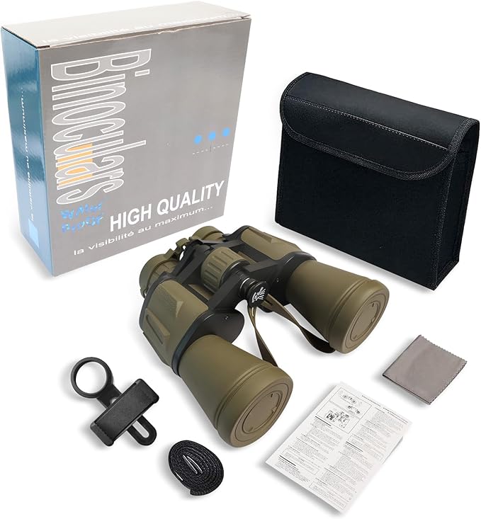 20x50 Binoculars for Adults High Powered, Military Compact HD Waterproof Binoculars with Low Light Vision for Bird Watching Travel Hunting Football Games Stargazing with Carrying Case and Strap(Mud)