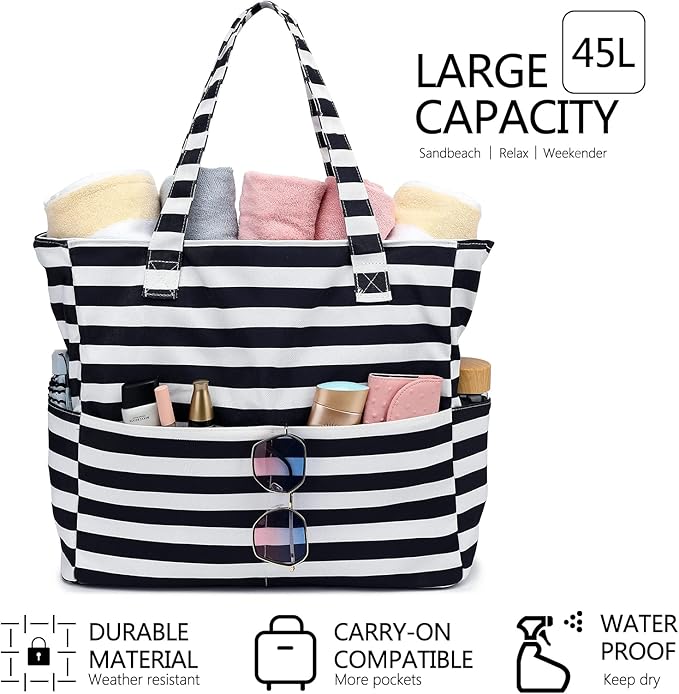 LEDAOU Beach Bag Waterproof Sandproof Women Tote Bag Pool Bag with Zipper for Gym Grocery Travel with Wet Pocket
