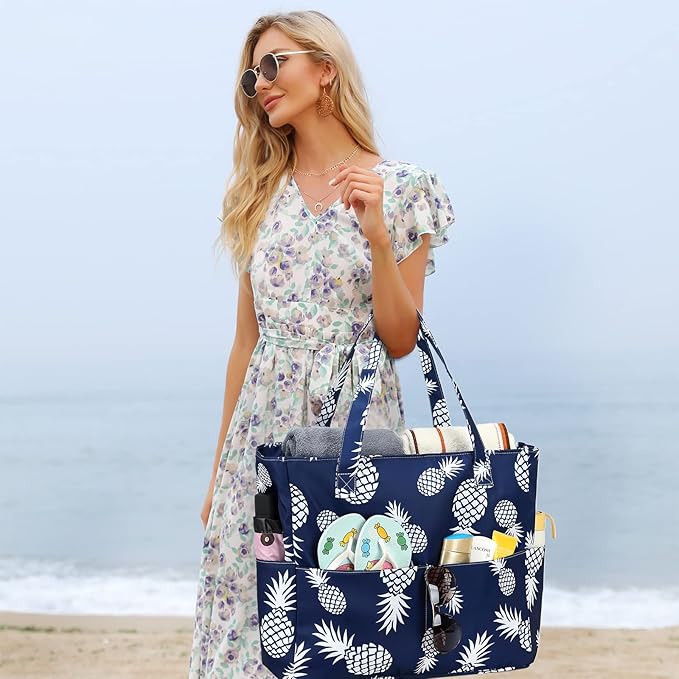 LEDAOU Large Beach Tote Bag Women Waterproof Sandproof Zipper Beach Tote Bag for Pool Gym Grocery Travel with Wet Pocket