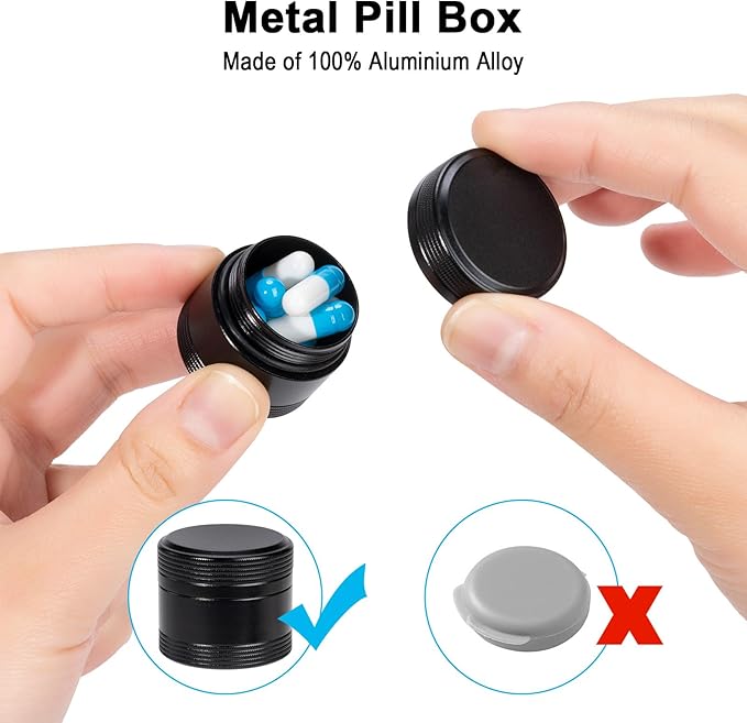 Metal Pill Box Pocket Purse Size - Waterproof Daily Pill Container, Single Aluminum Pill Case Portable Compact Round Medicine Organizer Pill Holder for Medication, Fish Oils Vitamins