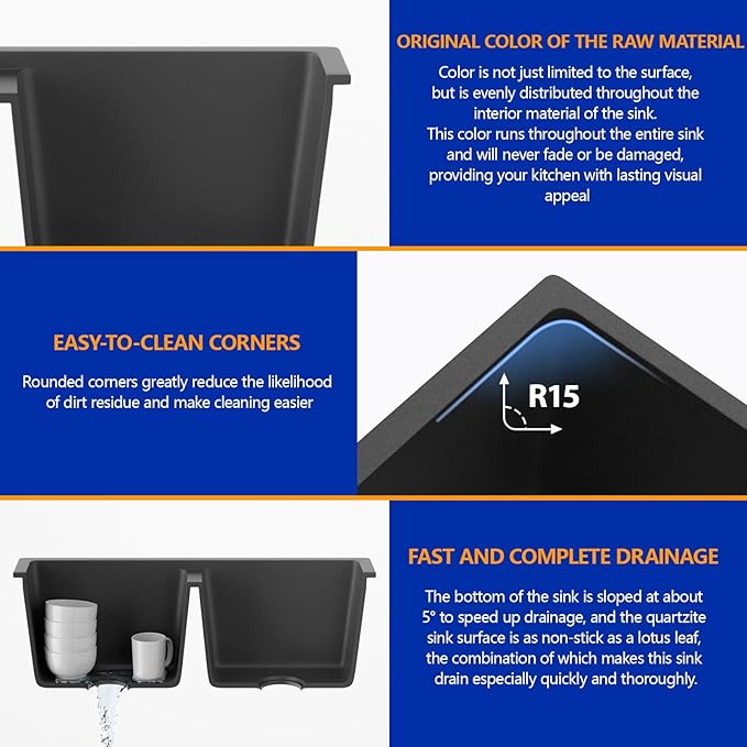 Dcolora 33 inch Quartz Matte Black Granite Composite Double Bowl Undermount Kitchen Sink Basin Deep 50/50 Split, DC-GU7761