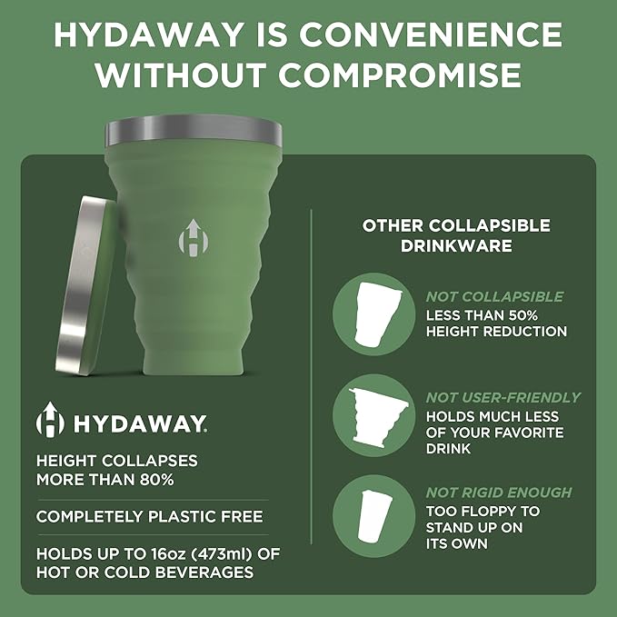 HYDAWAY 16oz Collapsible Pint - BPA-Free Silicone Cup with Stainless Steel Rim - Reusable, Packable, and Durable for Camping, Travel & Everyday Use