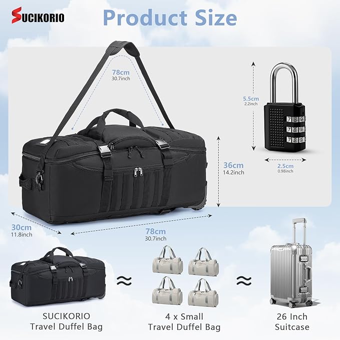 Tactical Travel Duffle Bag with Wheels and Handle 3 in 1 Large 85L XL Rolling Travelling Backpack Waterproof Oxford Carry On Hand Luggage Deployment Bags with Combination Padlock, Khaki