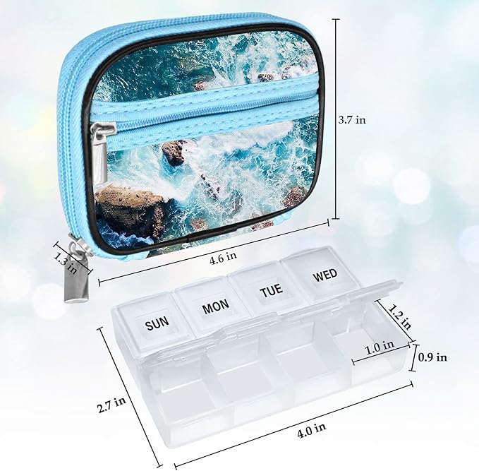 Serfeymi Weekly Travel Pill Organizer Pill Case for Purse with Removable 7 Day Pill Box, Fashionable Travel Medicine Organizer Pill Container for Medicine, Vitamin, Supplement - Blue 03 + Pill Box
