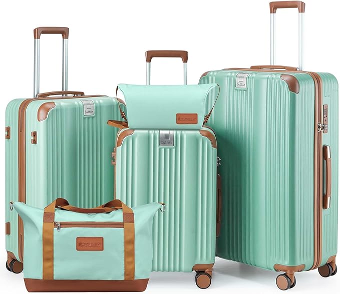 Luggage Set 3 Piece Luggage with PC+ABS Hardshell TSA Lock Spinner Wheels Carry on Lightweight Suitcase，Cup Holder,YKK Zippers (Green, 5 piece sets(20/24/28/DB/TB))