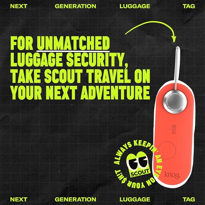 Knog Scout iOS Smart Tag, Tracker & 85d Alarm – Rechargeable Luggage Tag Compatible with iOS App & Apple Find My, Digital Contact Info, Remote Chime, Low Battery Alerts, Water-Resistant, Black