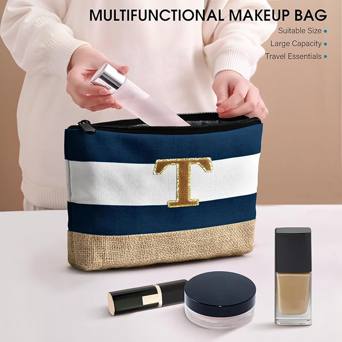 Becokan Beach Bag Initial Beach Tote with Makeup Bag for Travel Work Storage Personalized Birthday Gifts for Women Her