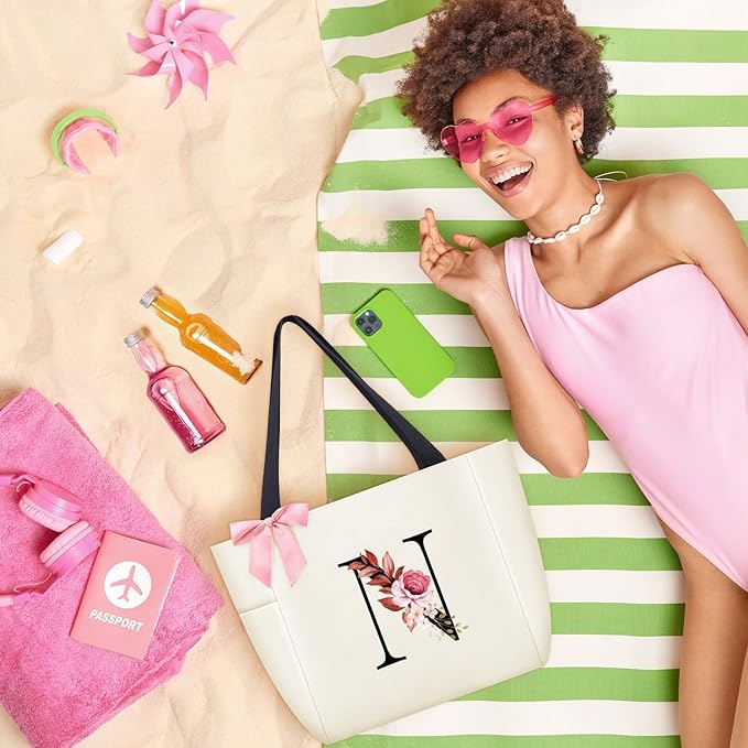 Vavabox Tote Bag, A-Z Initial Monogrammed Waterproof Tote Bag, Bridesmaid Gifts for Women, Black and Pink