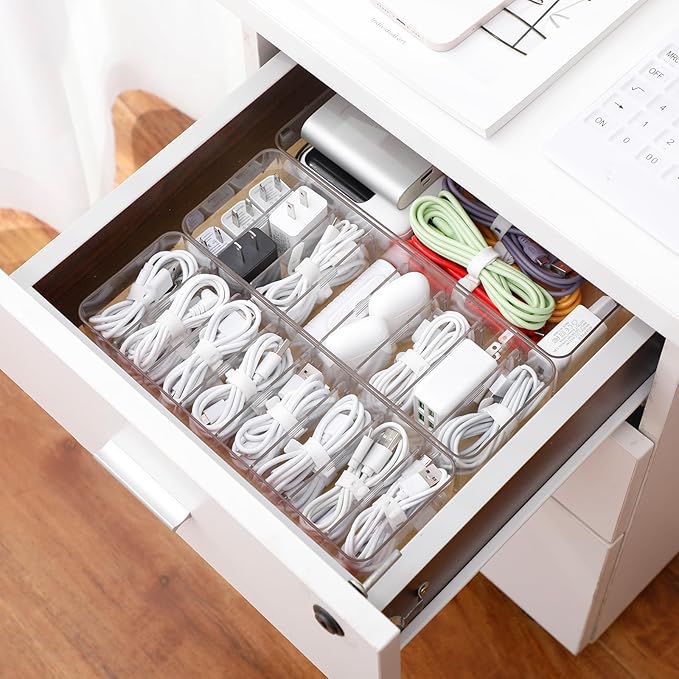 Yesesion Clear Plastic Cable Organizer Box with Adjustment Compartments, Desk Accessories Storage Case with 10 Wire Ties for Drawer, Office Supplies, Electronic Management, Battery and Charger