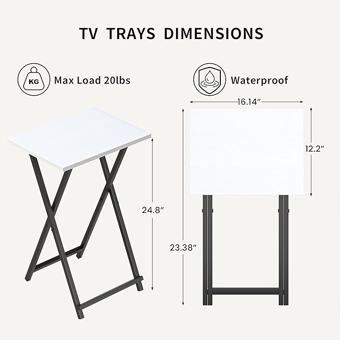 Foldable TV Trays, Small Folding Table, TV Trays Set of 2, TV Dinner Tray, Side Table for Bed, Couch, Portable Easy to Move, White