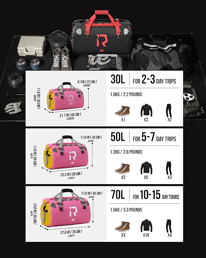 IRON JIA'S Motorcycle Dry Bag - Waterproof Duffle & Luggage Tail Bag Saddle Bags with Roll Top Closure, Shoulder Straps, Inner Pocket and Mesh Pocket (Pink, 30L)