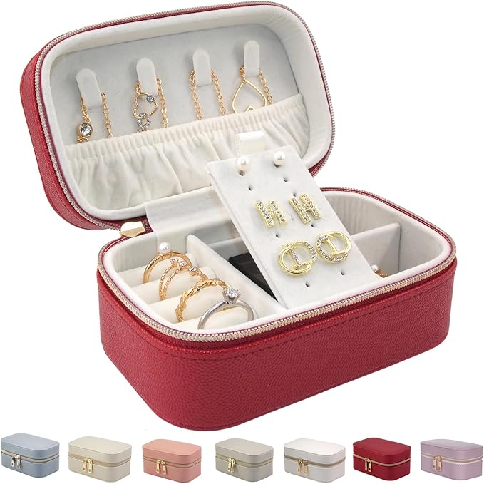 Small Jewelry Travel Case For Womens Small Rectangle PU Leather Jewelry Box With Zipper 2.56" H Portable Travel Jewelry Case For Earring Rings Necklaces Bracelets Red Jewelry Gifts Box