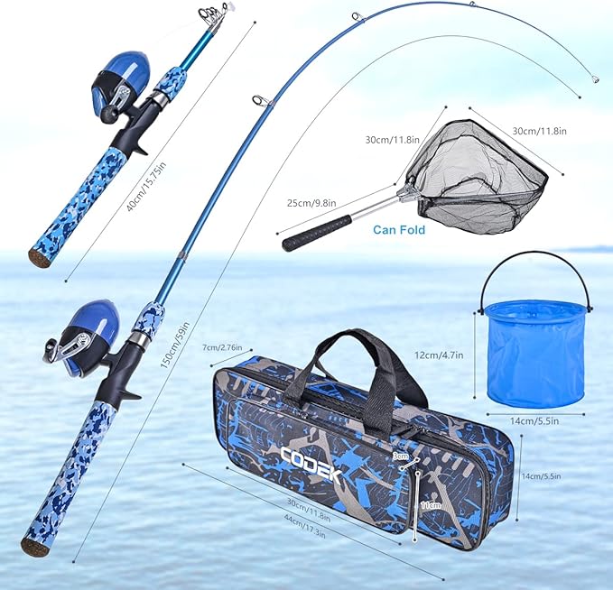 CODEK Kids Fishing Pole Set with Full Starter Kits 2 Set Portable Telescopic Fishing Rod and Spincast Reel Cambos with a Fishing Net and 2 Buckets for Boys Girls and Youth