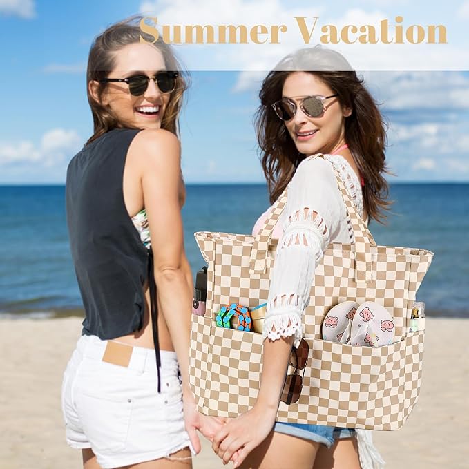LEDAOU Large Beach Tote Bag Women Waterproof Sandproof Zipper Beach Tote Bag for Pool Gym Grocery Travel with Wet Pocket