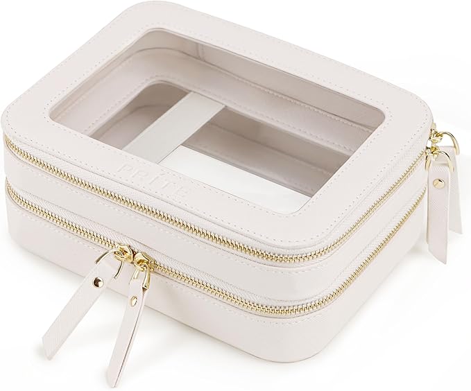Prite Double Layer Makeup Bag for Women Portable Clear Makeup Bag Cute Waterproof Travel Cosmetic Bag with Gold Zipper for Car Essentials(Beige)