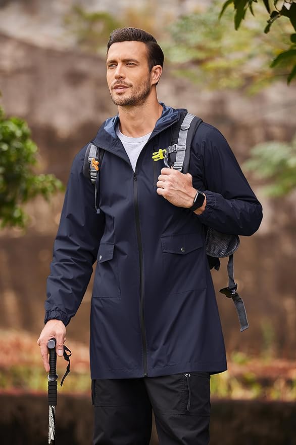 COOFANDY Men's Long Raincoat Ligtweight Rain Jacket Waterproof Outdoor Jackets with Hood