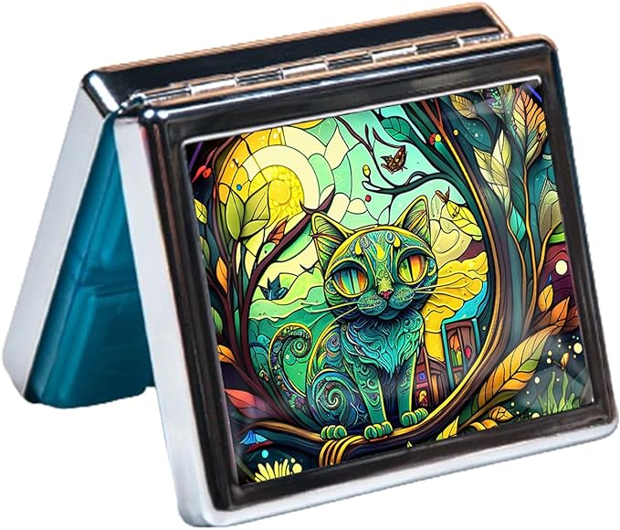 Silver Vintage Pill Box 7 Day Metal Pill Box with Mirror and 8 Compartments Cute Travel Pill Organizer for Purse (Stained Glass Cat)