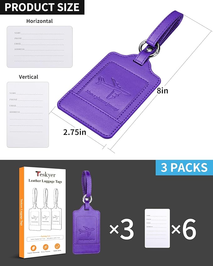 Teskyer Luggage Tags, 3 Pack Premium PU Leather Luggage Tags Privacy Protection Travel Bag Labels Suitcase Tags