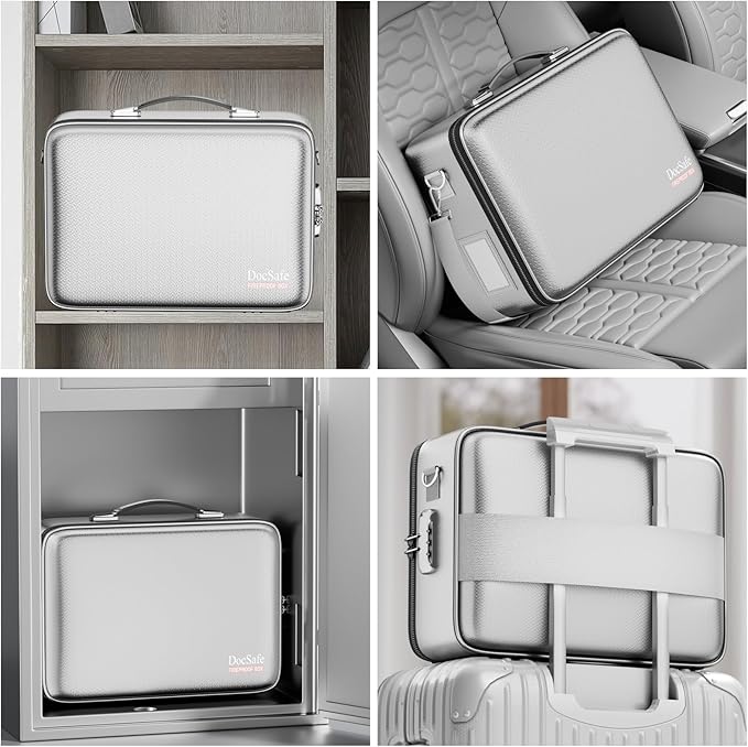DocSafe Fireproof Document Box with Lock＆Shoulder Strap,Hard Case File Organizer with Accordion File Folder,Multi-Layer Portable Home Office Travel Safe Storage for Important Documents Laptop Silver