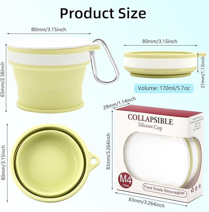 Silicone Collapsible Travel Cup Set - 4-Pack Foldable Mugs with Lids for Camping, Backpacking, Coffee & Outdoor (170ml, Pink/Light Green/Dark Green/Gray)