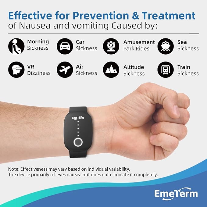 EmeTerm Fashion FDA-Cleared Relieve Nausea Electrode Stimulator Morning Sickness Motion Travel Sickness Vomit Relief Rechargeable No Gel Drug Free Wrist Bands Without Side Effects