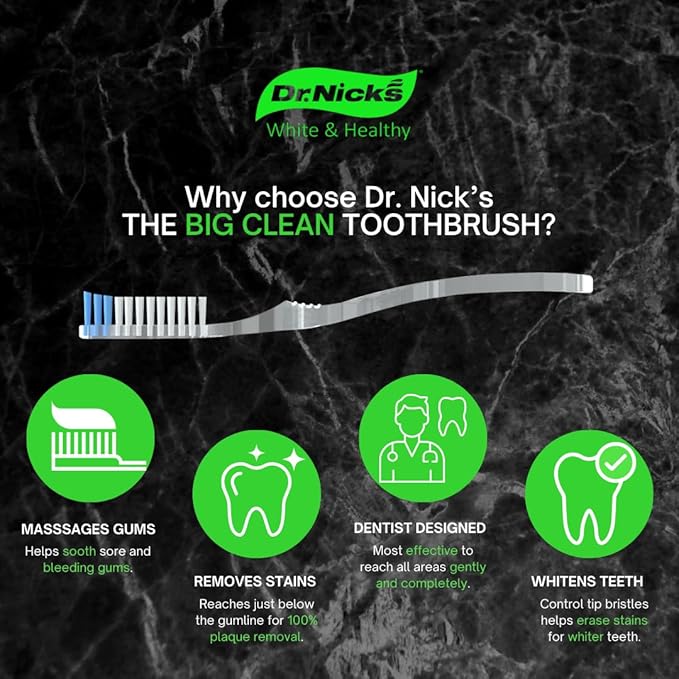 Dr. Nicks White & Healthy The Big Clean Large Toothbrush Medium Soft - Bulk Toothbrushes (4 Pack) - Dentist Designed Deep Gum Toothbrush - Large Head Medium Soft Toothbrushes for Adults