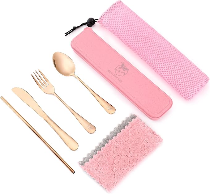 Boulder Bee Travel Utensils | Reusable Camping Cutlery | Stainless Steel Flatware | Portable Silverware Set with Case | Includes Knife/Fork/Spoon/Straw/Cleaning Cloth (Rose Gold)