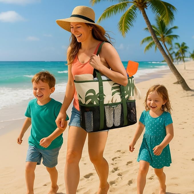Beach Bag with Zipper - 8 Pockets Sandproof Beach Tote Bag for Women,Foldable Lightweight Family Swim Bag Vacation