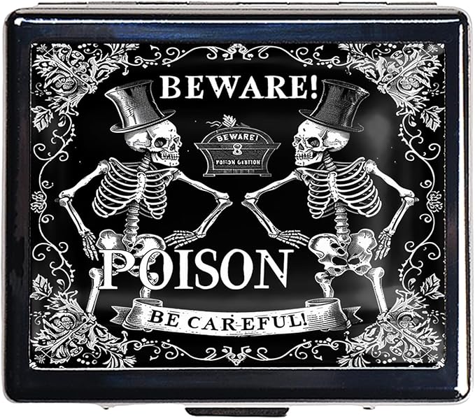 Cute and Portable Metal Pill Organizer – 8 Compartments, Elegant Chrome Finish, Ideal for Travel and Daily Use (Beware Poison Skeletons)