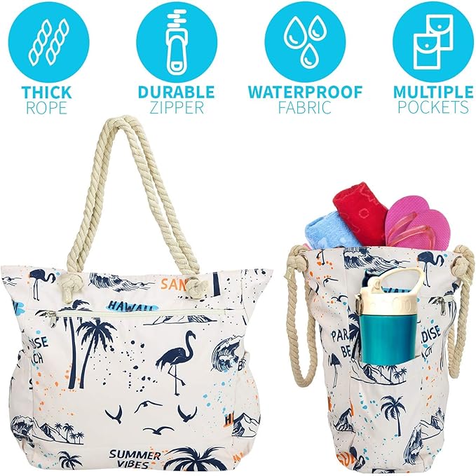 Beach Bag Spacious Shoulder Tote Travel & Gym Bag w/Multiple Pockets & Strong Zipper