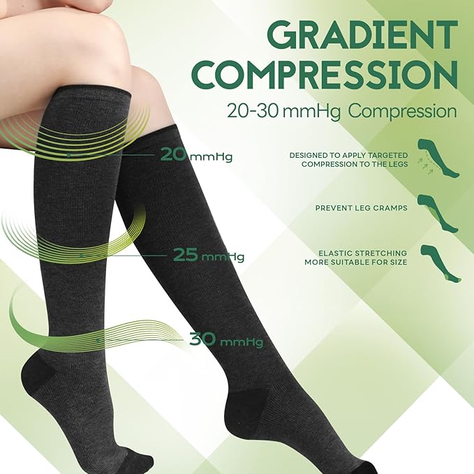 SONORAN Bamboo Viscose Compression Socks for Women & Men (6 Pairs) 20-30 mmHg Knee High Support for Nurses Travel Pregnant