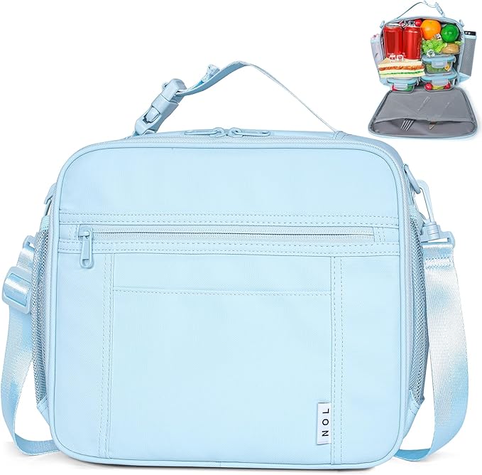 NOL Kids Lunch Bag - Kids 3+ Reusable Insulated Lunch Box with Zipper Closure Buckle Handle Adjustable Long Shoulder Strap, Easy-Clean Waterproof Fabric, Children Lunch Tote Bag for School -Light blue