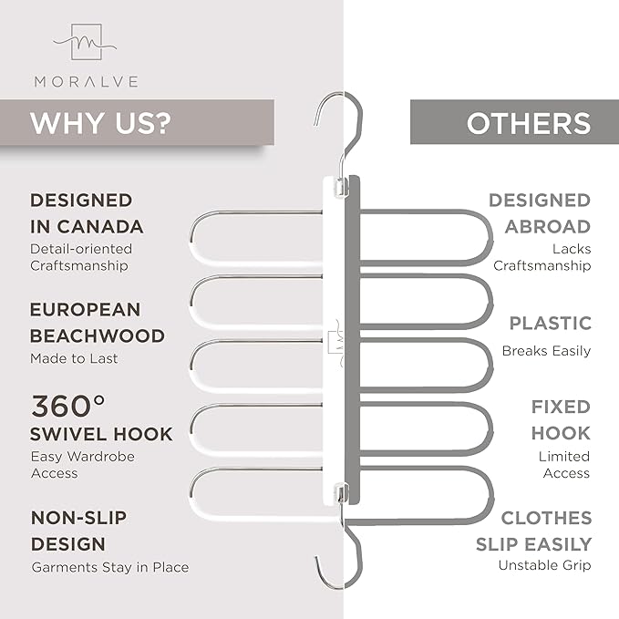MORALVE Pants Hangers Space Saving - 2 Pack European Beechwood Scarf and Jean Hangers - Closet Organizer and Space Saver Pant Rack, Leggings Hanger, and Scarf Holder with 360° Swivel Hook